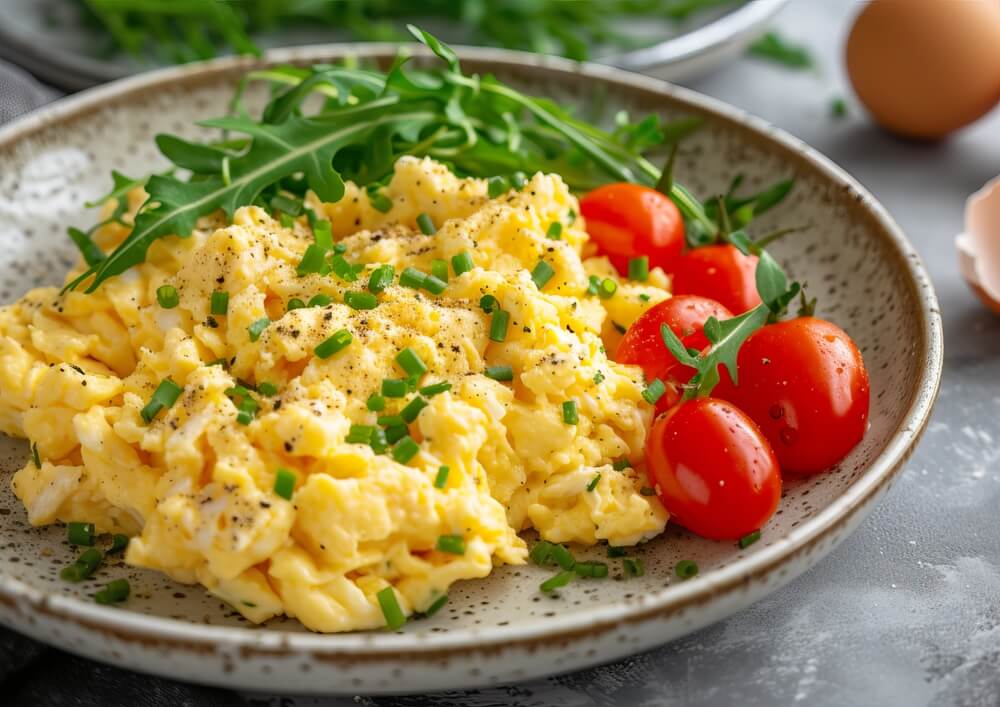 Egg fried in pane with small cutting grenish chop and tomatos 